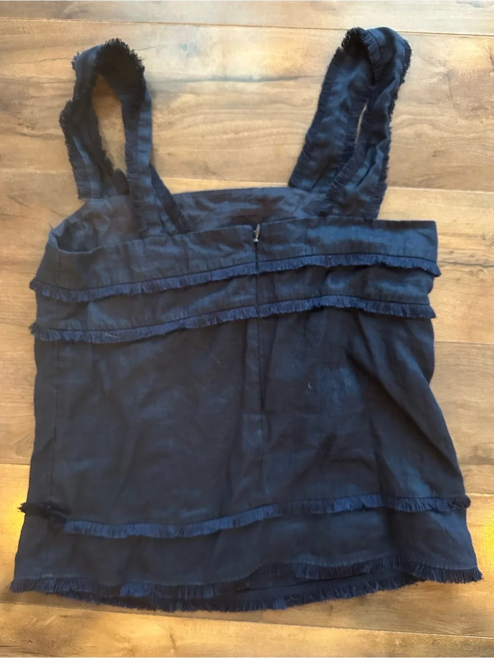 J.Crew Navy 100% Linen Fringe Ruffle Tank Top Coastal Boho Size 0